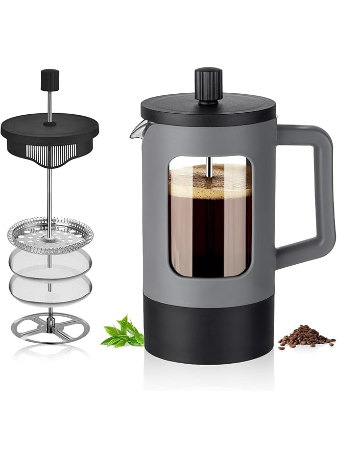 erorex French Press Coffee Maker 21 Oz Small Coffee Tea Press With Heat Resistant Borosilicate Glass 4 Level Filtration Systems Portable Coffee Pot For Home Gray And Black - Image 1