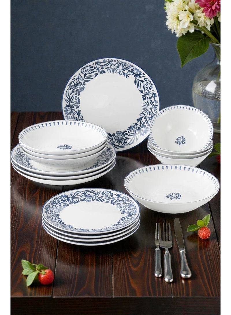 Noon East 16 piece Porcelain Dinnerware Set, Set for 4, Microwave & Dishwasher Safe, Blue Floral Design - Image 1