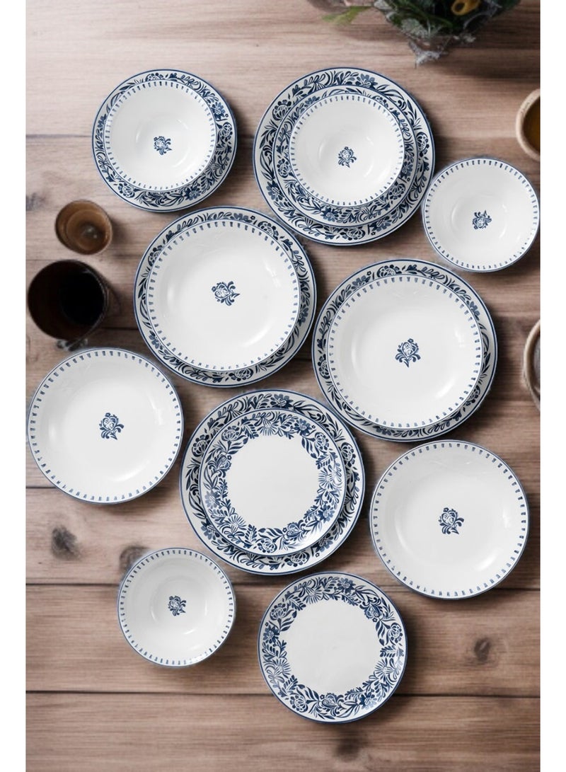 Noon East 16 piece Porcelain Dinnerware Set, Set for 4, Microwave & Dishwasher Safe, Blue Floral Design - Image 3