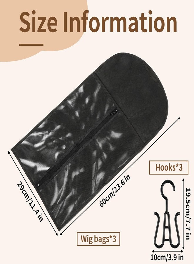 Opvixi Wig Storage Bags with Hanger, 3 pcs Portable Wig Bag, Hair Extension Holder, Black Hair Extension Storage for Multiple Wigs, Home Salon Travel (23.6 x 11.4 in) - Image 2