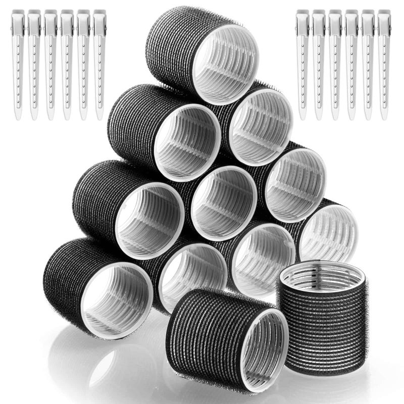 Acejoz Jumbo Hair Curlers Rollers, 12Pcs Hair Roller Curlers Self Grip Holding Rollers with12 Stainless Steel Duckbill Clips for Long Hair Volume (Black) - Image 1