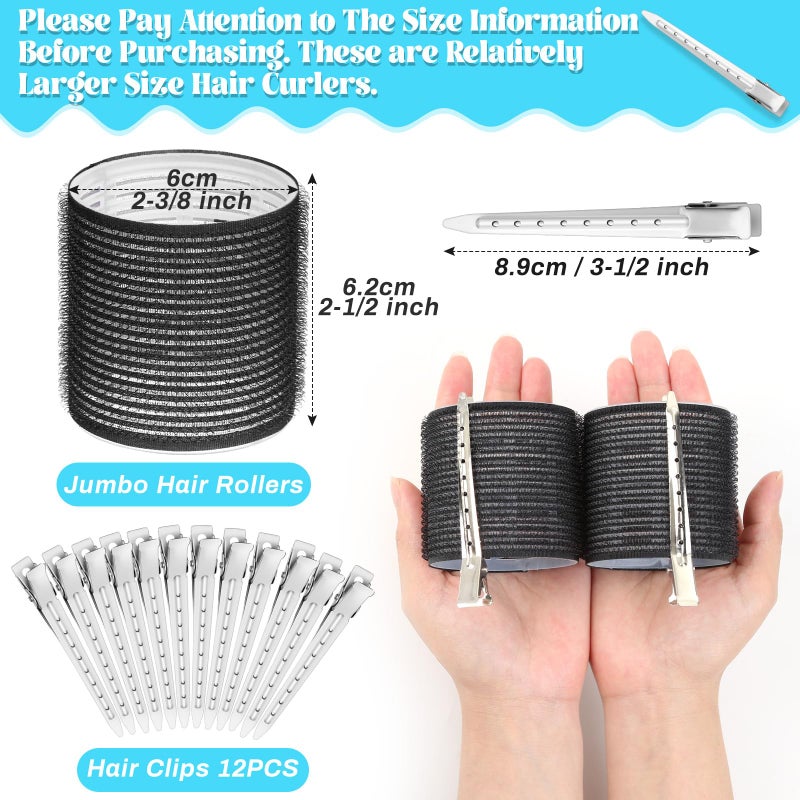 Acejoz Jumbo Hair Curlers Rollers, 12Pcs Hair Roller Curlers Self Grip Holding Rollers with12 Stainless Steel Duckbill Clips for Long Hair Volume (Black) - Image 2