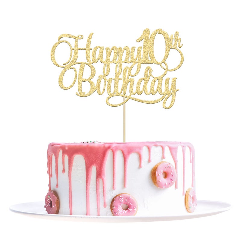 Ephlyn 1 Pack Happy 10th Birthday Cake Topper Glitter Number 10 Ten Years Old Birthday Cake Pick Decoration for Celebrating 10th Birthday Anniversary Party Supplies Gold - Image 1