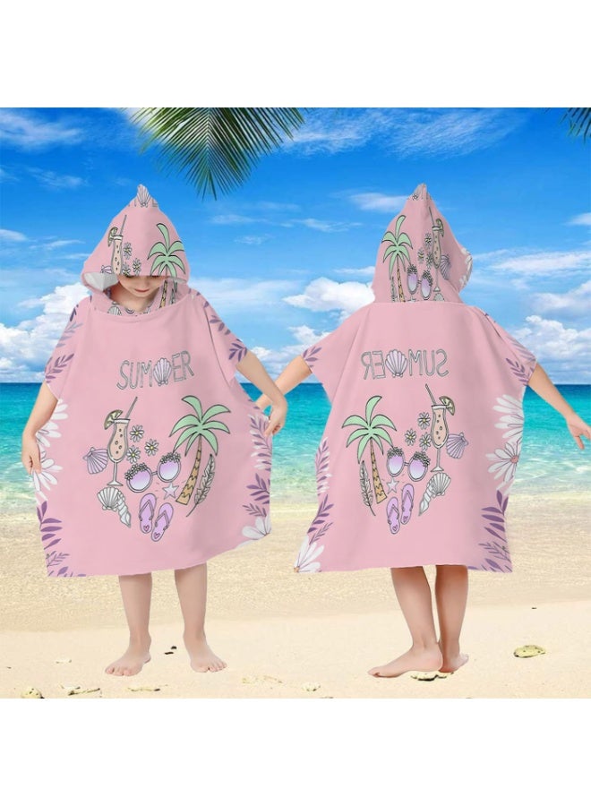 Nude Pink Base Full Printed Hand Drawn SUMMER Coconut Tree Cocktail Sunglasses Flip-flop Shell Daisy Tropical Leaf Unisex Kids Hooded Quick Dry Poncho Towel, Polyester Soft Water Absorbent Loose Windproof Bath Wrap for All Kids, Ideal for Beach, Swimming Pool, Hot Spring & Daily Shower - Image 5