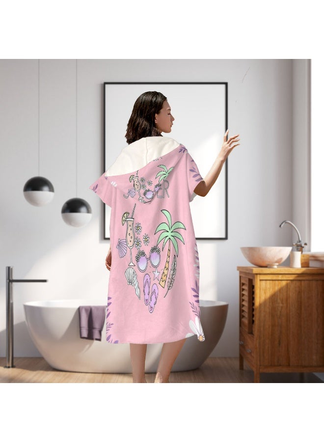 Nude Pink Base Full Printed Hand Drawn SUMMER Coconut Tree Cocktail Sunglasses Flip-flop Shell Daisy Tropical Leaf Unisex Kids Hooded Quick Dry Poncho Towel, Polyester Soft Water Absorbent Loose Windproof Bath Wrap for All Kids, Ideal for Beach, Swimming Pool, Hot Spring & Daily Shower - Image 3