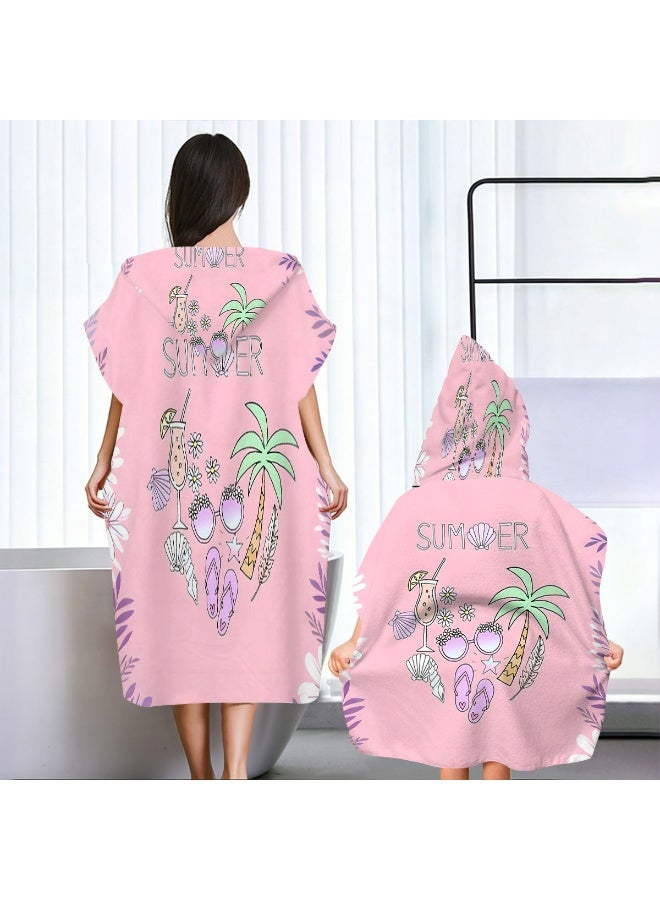 Nude Pink Base Full Printed Hand Drawn SUMMER Coconut Tree Cocktail Sunglasses Flip-flop Shell Daisy Tropical Leaf Unisex Kids Hooded Quick Dry Poncho Towel, Polyester Soft Water Absorbent Loose Windproof Bath Wrap for All Kids, Ideal for Beach, Swimming Pool, Hot Spring & Daily Shower - Image 4