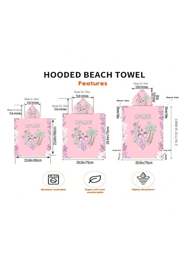Nude Pink Base Full Printed Hand Drawn SUMMER Coconut Tree Cocktail Sunglasses Flip-flop Shell Daisy Tropical Leaf Unisex Kids Hooded Quick Dry Poncho Towel, Polyester Soft Water Absorbent Loose Windproof Bath Wrap for All Kids, Ideal for Beach, Swimming Pool, Hot Spring & Daily Shower - Image 1
