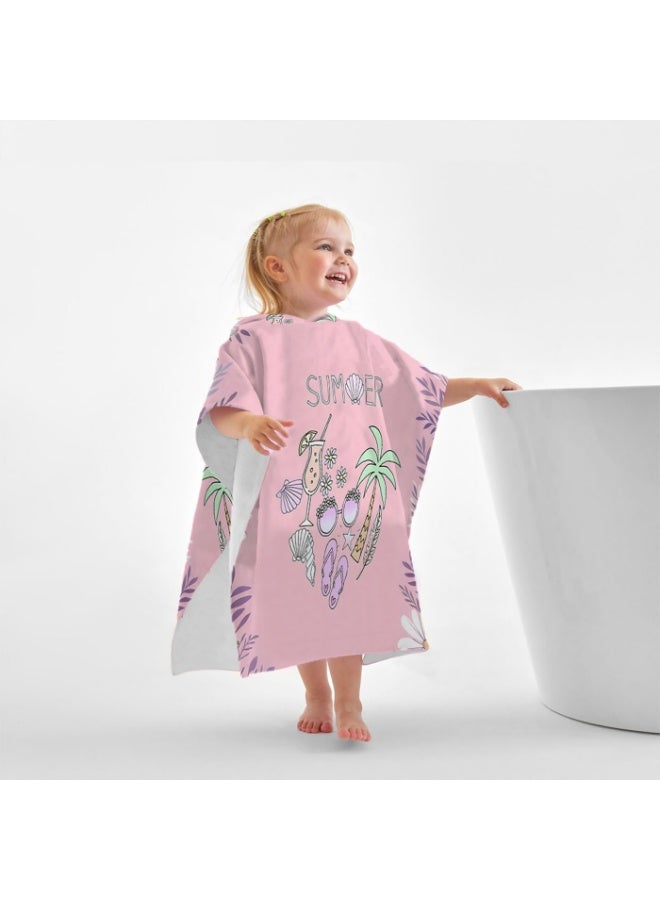 Nude Pink Base Full Printed Hand Drawn SUMMER Coconut Tree Cocktail Sunglasses Flip-flop Shell Daisy Tropical Leaf Unisex Kids Hooded Quick Dry Poncho Towel, Polyester Soft Water Absorbent Loose Windproof Bath Wrap for All Kids, Ideal for Beach, Swimming Pool, Hot Spring & Daily Shower - Image 2