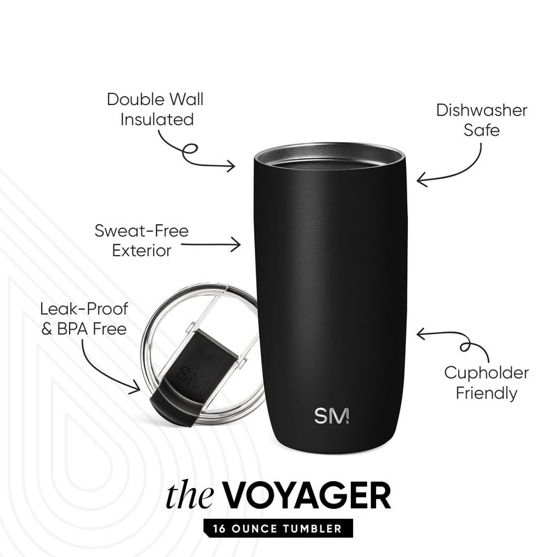 Simple Modern Travel Coffee Mug Tumbler with Clear Flip Lid | Reusable Insulated Stainless Steel Thermos Cold Brew Iced Coffee and Tea Cup | Voyager Collection | 16oz (470ml) | Midnight Black - Image 3