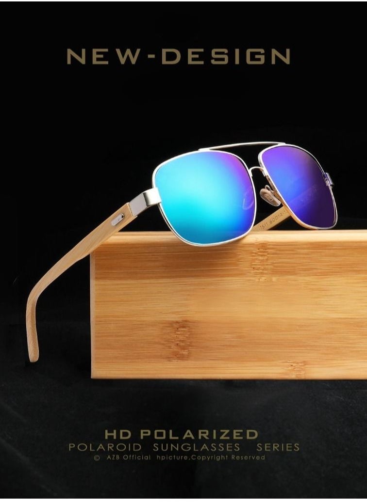 HDCRAFTER - Metal Nose Bridge Square Full Frame Bamboo Foot Pilot Sunglasses - Image 1