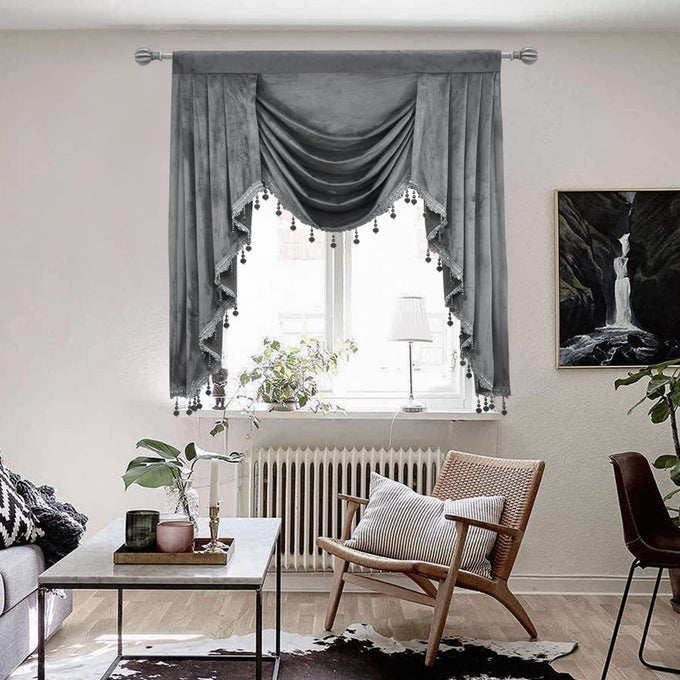 GREY VELVET WATERFALL VALANCE FOR LIVING ROOM TASSELS SWAG VALANCES FOR WINDOW BEDROOM TOPPERS WINDOW CURTAINS 1 PANEL W39 INCH GREY