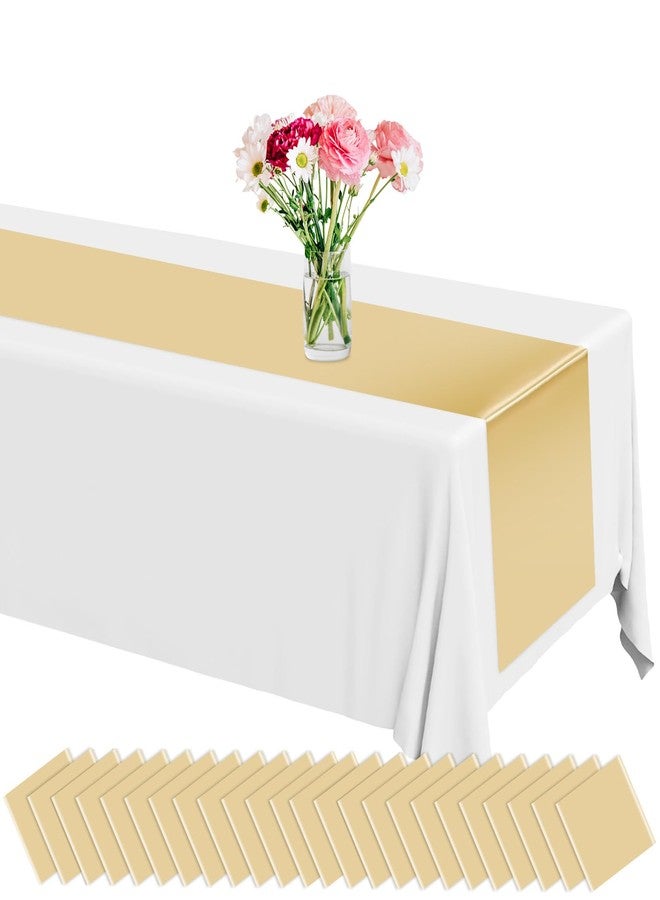 Lonfliness 12 Pack Plastic Table Runner 14 X 108 inch Gold Champagne Long Valentines Table Runners Disposable Champagne Gold Table Runner for Dinner Table Decorations for Wedding Graduation Birthday Party Decor - Image 1
