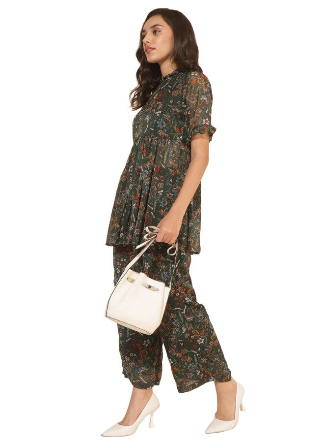 Janasya Women's Green Chiffon Lurex Floral Printed Co-ord Set(SET912-CO-ORD-XL) - Image 2