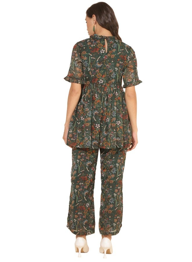 Janasya Women's Green Chiffon Lurex Floral Printed Co-ord Set(SET912-CO-ORD-XL) - Image 4