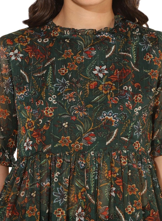 Janasya Women's Green Chiffon Lurex Floral Printed Co-ord Set(SET912-CO-ORD-XL) - Image 5