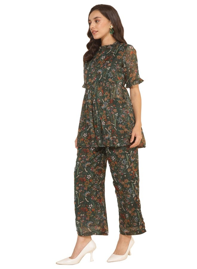 Janasya Women's Green Chiffon Lurex Floral Printed Co-ord Set(SET912-CO-ORD-XL) - Image 3