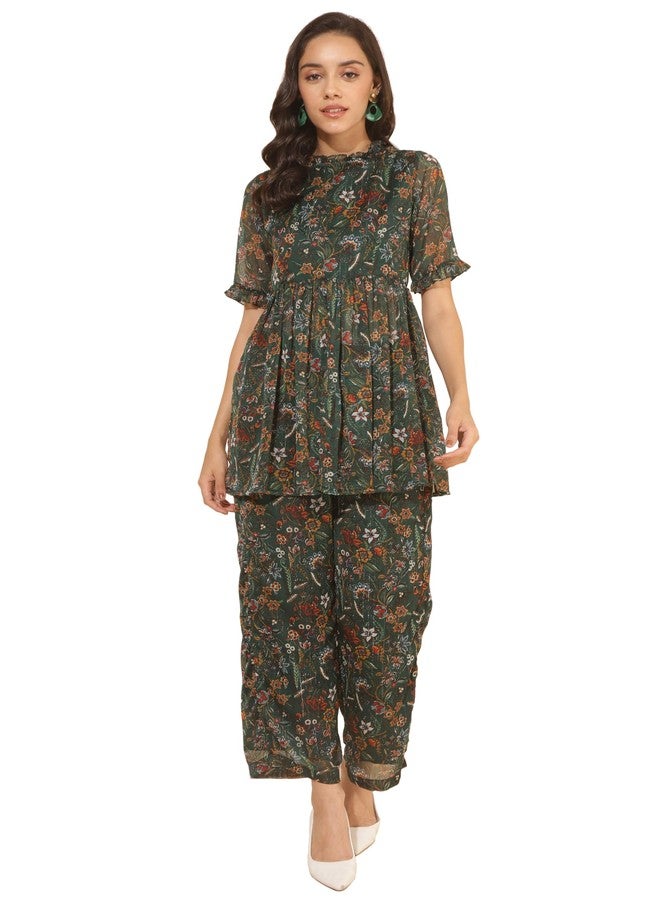 Janasya Women's Green Chiffon Lurex Floral Printed Co-ord Set(SET912-CO-ORD-XL) - Image 1