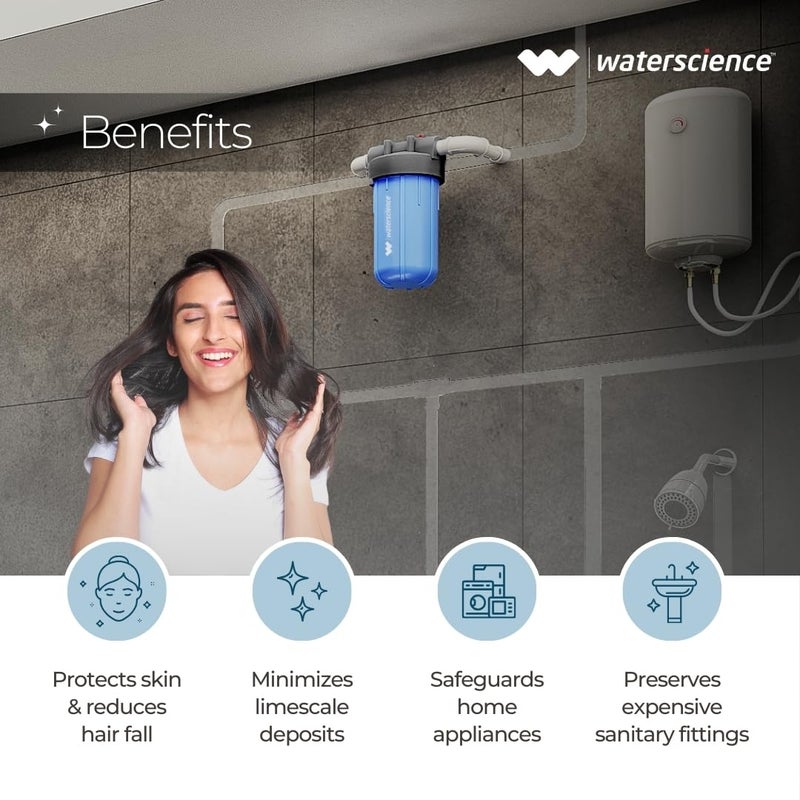 WaterScience فلتر مياه صلب بمرحلة واحدة 10 بوصة من ريو للخط الرئيسي | جهاز تنعيم المياه للمنزل | مناسب لشقة 1BHK والحمام | فلتر مياه كامل للمنزل | تركيب على الحائط - ضمان 2 سنة - Image 3