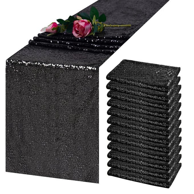 BLACK SEQUIN TABLE RUNNER 12 X 72 12 PACK GLITTER METALLIC TABLE RUNNER FOR WEDDING BIRTHDAY PARTY CHRISTMAS HALLOWEEN THANKSGIVING GRADUATION