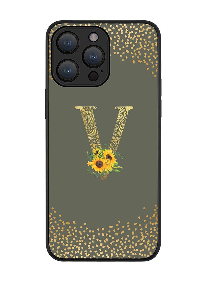 Stylizedd Cover for iPhone 15 Pro Case Rugged Black Slim fit Flexible Protective Cover Custom Monogram Initial Letter Floral Pattern Alphabet - V (Olive Green) - Image 1