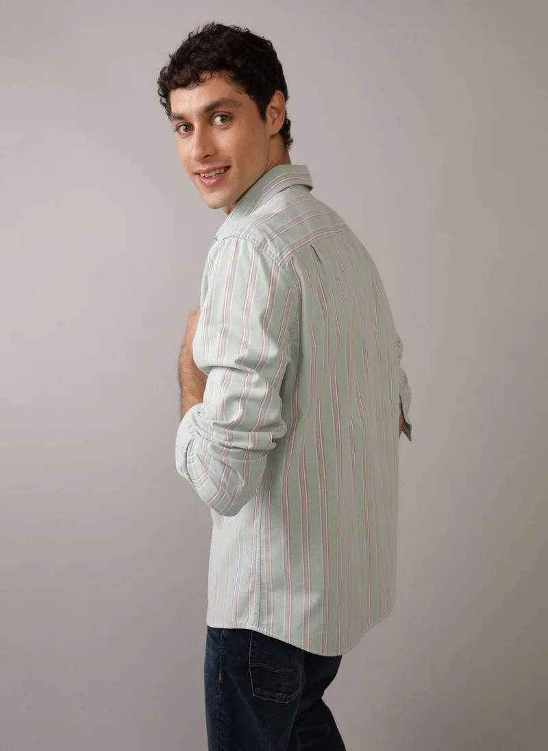 American Eagle Embroidered Logo Stripe Slim Fit Oxford Shirt