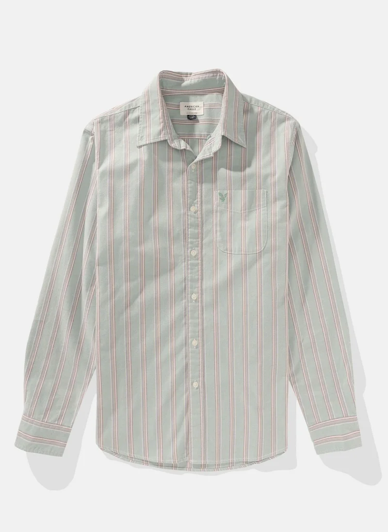 American Eagle Embroidered Logo Stripe Slim Fit Oxford Shirt