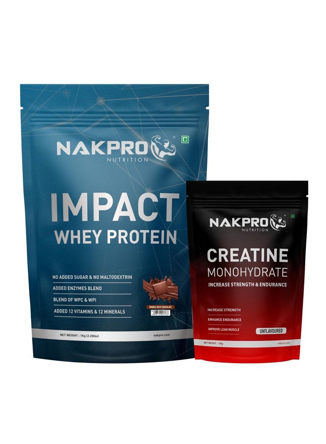 NAKPRO Impact Whey Protein 1kg, Double Rich Chocolate | Isolate & Concentrate | 24g Protein & 4.9g BCAA | NAKPRO Micronised Creatine Monohydrate Powder, 3g Creatine/Serve (100g, Unflavoured) Combo - Image 1