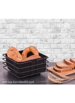 Devigo Metal Bread Holder Black Fabric Square Bread Basket with Black Stripe  - Image 1
