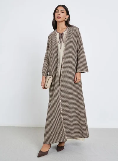 Amirah Amirah Brown Brushed Houndstooth Front Open Abaya