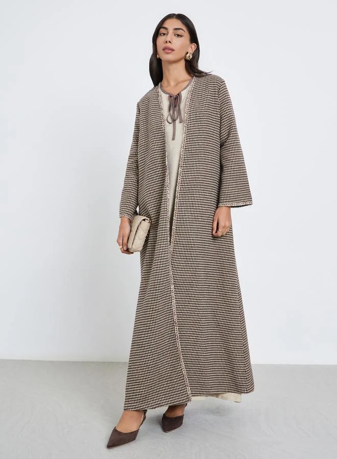 Amirah Brown Brushed Houndstooth Front Open Abaya