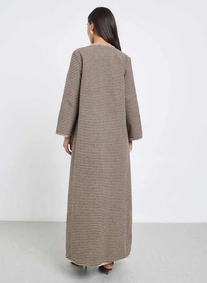 Amirah Amirah Brown Brushed Houndstooth Front Open Abaya