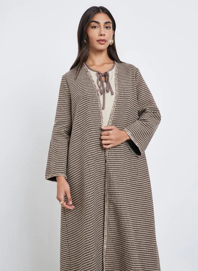 Amirah Amirah Brown Brushed Houndstooth Front Open Abaya