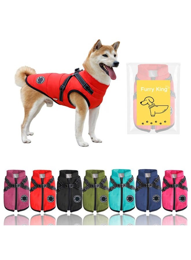 Furry King Dog Winter Coat with Harness, 7 Colors, Waterproof, Fleece Lined. (Red, Medium) - Image 1