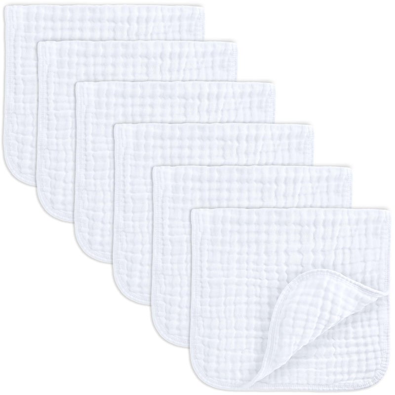 Comfy Cubs Muslin Burp Cloths 20" x 10", Pack of 6 - Large, 6-Layer, Ultra Absorbent 100% Cotton for Baby Spit-Up, Drool, and Messes - Soft, Safe & Gentle Baby Burp Cloths Set for Boys & Girls - White - Image 1