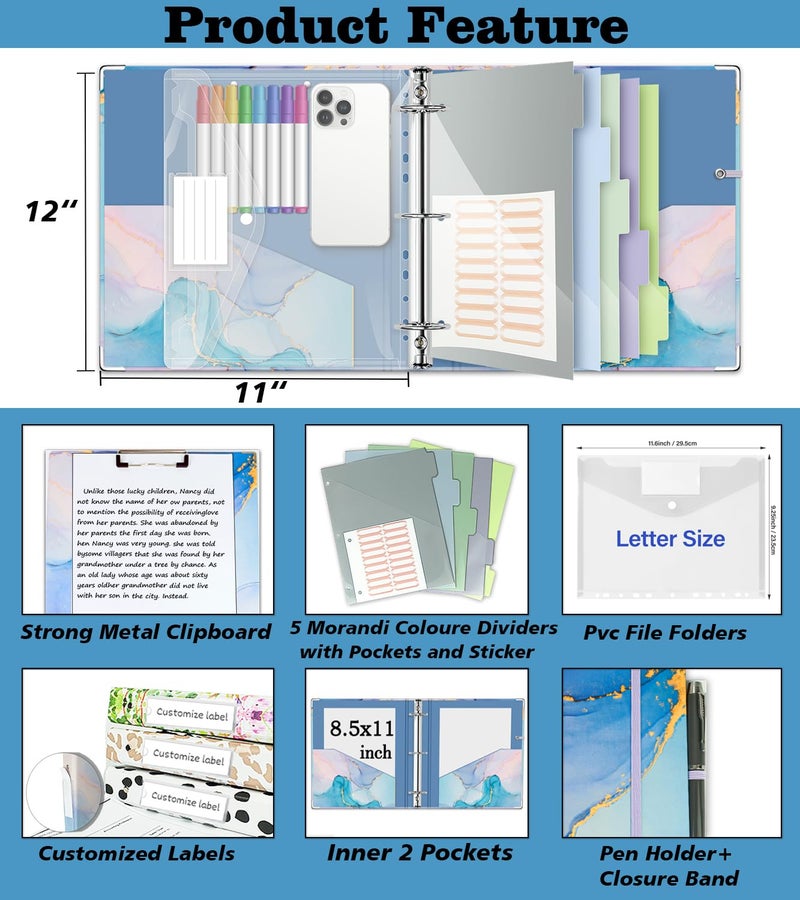 BVSSX 2 Inch 3 Ring Binder Organizer with Clipboard, 5-Tab Pockets Dividers, Transparent Folder, 18 Divider Stikers, BVSSX Decorative Three Ring Binder with Pen Loop, Elastic Strap (Blue Marble,Letter Size) - Image 2