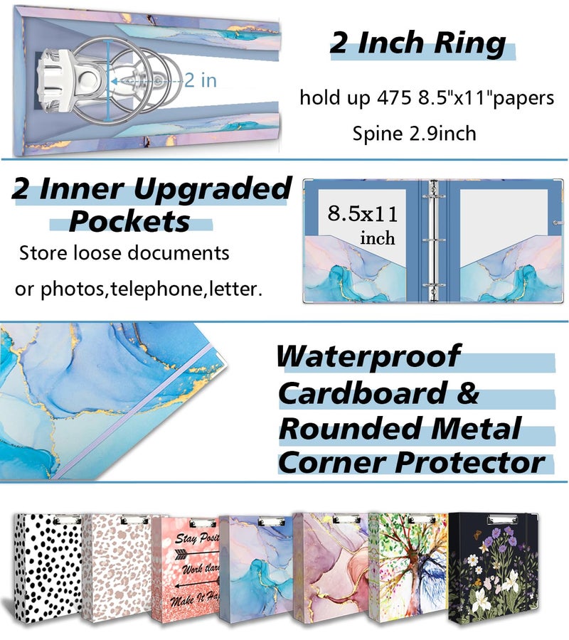 BVSSX 2 Inch 3 Ring Binder Organizer with Clipboard, 5-Tab Pockets Dividers, Transparent Folder, 18 Divider Stikers, BVSSX Decorative Three Ring Binder with Pen Loop, Elastic Strap (Blue Marble,Letter Size) - Image 4