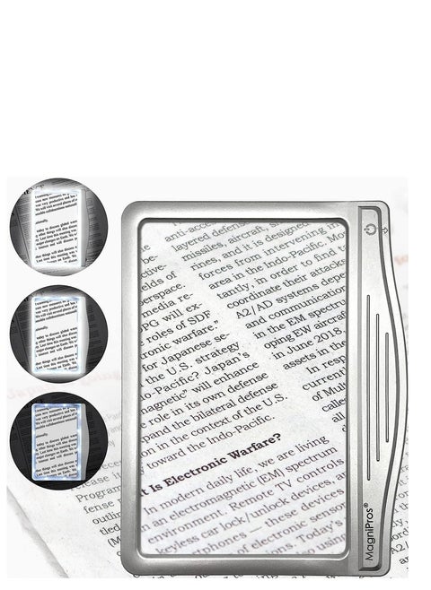MagniPros 4X Large LED Page Magnifier with Anti-Glare Lens & Fully Dimmable Lights – Evenly Lit Viewing, Reduces Eye Strain - Perfect for Reading Small Print, Assisting Low Vision and Seniors