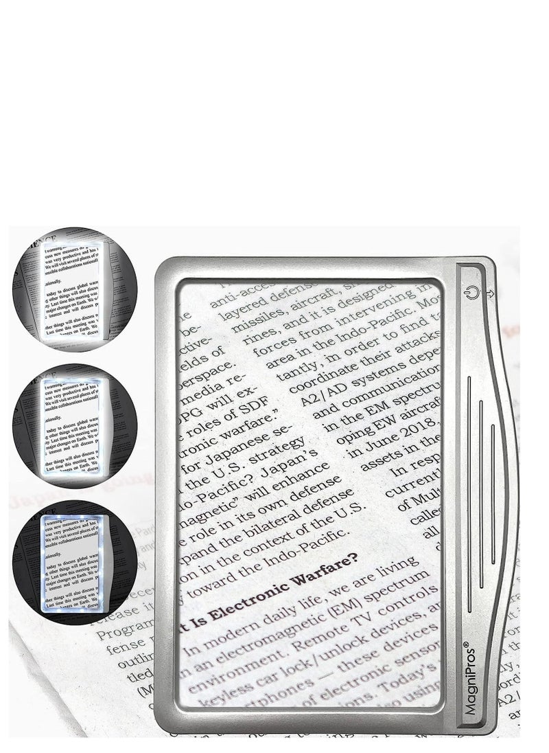 MagniPros 4X Large LED Page Magnifier with Anti-Glare Lens & Fully Dimmable Lights – Evenly Lit Viewing, Reduces Eye Strain - Perfect for Reading Small Print, Assisting Low Vision and Seniors