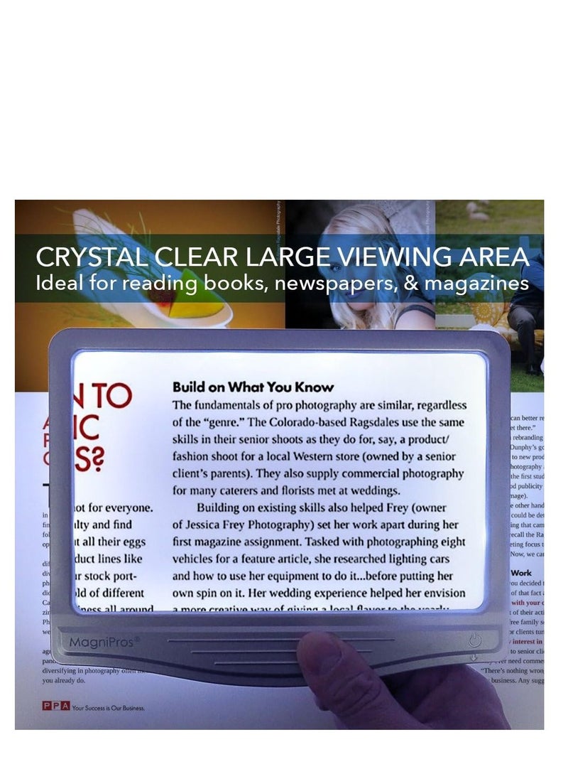 MagniPros 4X Large LED Page Magnifier with Anti-Glare Lens & Fully Dimmable Lights – Evenly Lit Viewing, Reduces Eye Strain - Perfect for Reading Small Print, Assisting Low Vision and Seniors