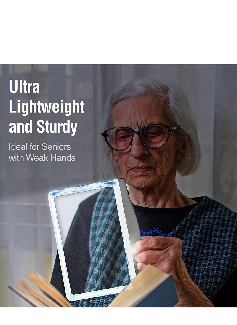 MagniPros 4X Large LED Page Magnifier with Anti-Glare Lens & Fully Dimmable Lights – Evenly Lit Viewing, Reduces Eye Strain - Perfect for Reading Small Print, Assisting Low Vision and Seniors