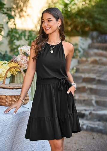 Newshows Sundress for Women 2025 Cocktail Halter Teacher Business Casual Outfits Black Dresses Beach Vacation Ruffle Belted Summer Dresses with Pockets(Black, L) - Image 2