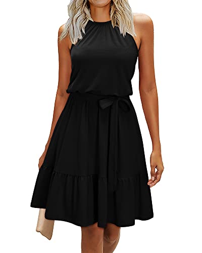 Newshows Sundress for Women 2025 Cocktail Halter Teacher Business Casual Outfits Black Dresses Beach Vacation Ruffle Belted Summer Dresses with Pockets(Black, L) - Image 1