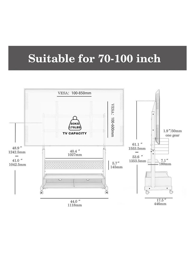 Rolling Floor TV Stand for 70-100 inch Large LCD/LED TVs, Heavy Duty TV Cart Capacity up to 176lbs, Mobile Corner TV Stand for Flat Screens - Image 3