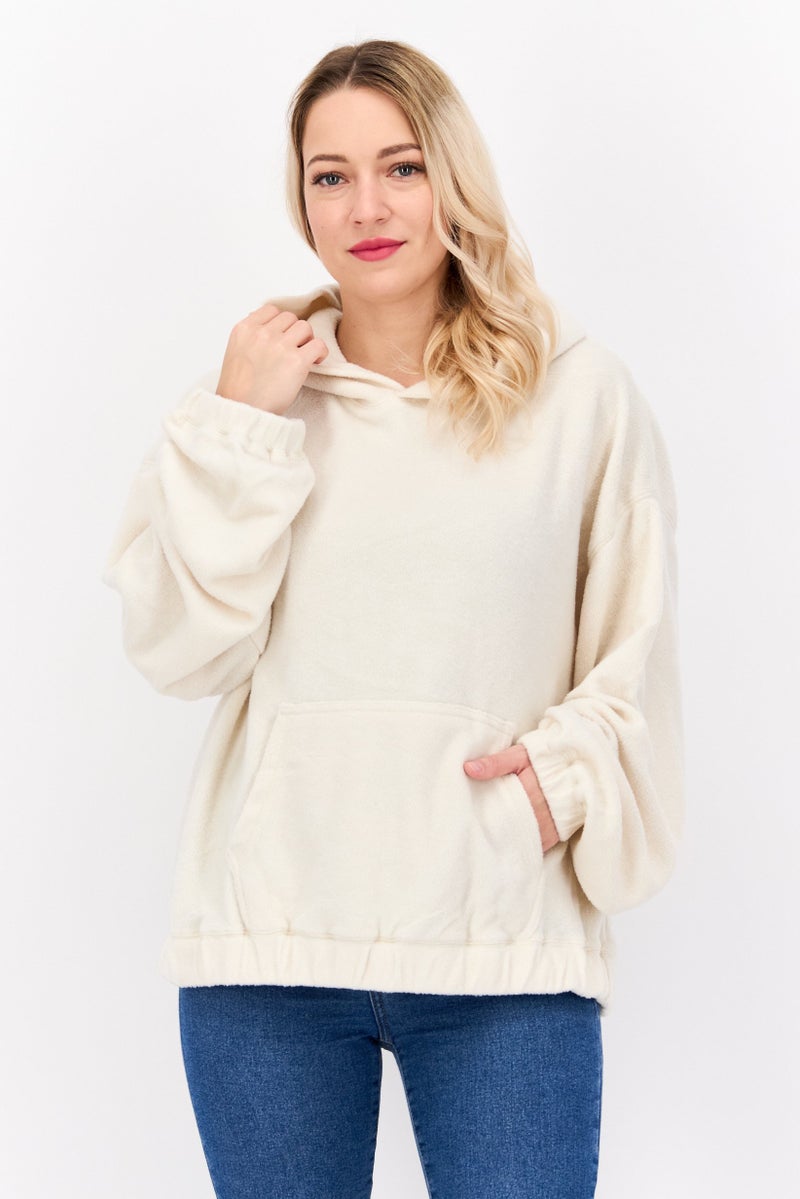 NIA Women Fleece Long Sleeve Hoodie, Ivory - Image 1