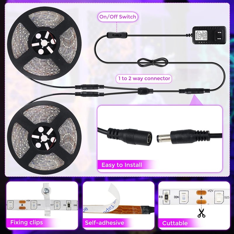 LightingWill LED UV Black Light Strip Kit, Ultraviolet Waterproof IP65 32.8FT/10M 3528 600LEDs, 395nm-405nm Blacklight for DJ Bar Club Party Decor Night Fishing with 12V Power Supply - Image 4