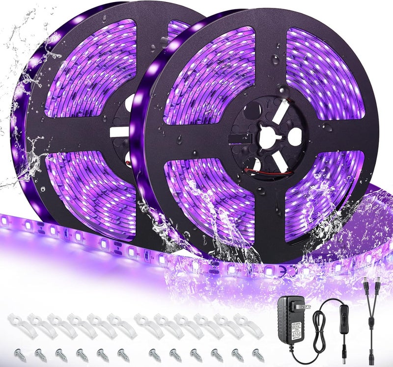 LightingWill LED UV Black Light Strip Kit, Ultraviolet Waterproof IP65 32.8FT/10M 3528 600LEDs, 395nm-405nm Blacklight for DJ Bar Club Party Decor Night Fishing with 12V Power Supply - Image 1