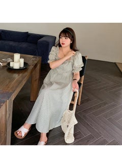 K2442 Plus Size Short Sleeve Dress Summer Age-reducing Bubble Plaid Chubby Girl Square Collar Skirt Plus Size Women's Clothing