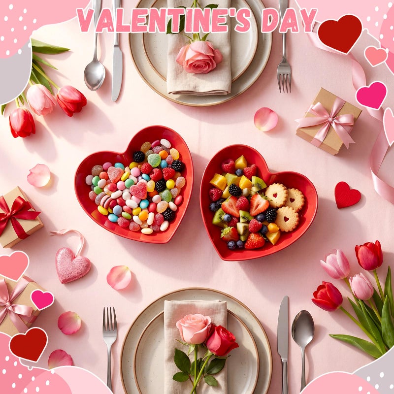 Remerry 2 Pcs 9.84 Inches Large Valentines Candy Dish Valentine Heart Shaped Bowls Red Love Heart Candy Dishes Bowls Plastic Love Fruit Plate Dessert Snack Salad Dish for Home Anniversary Wedding - Image 3