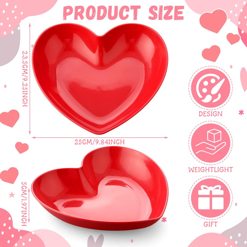 Remerry 2 Pcs 9.84 Inches Large Valentines Candy Dish Valentine Heart Shaped Bowls Red Love Heart Candy Dishes Bowls Plastic Love Fruit Plate Dessert Snack Salad Dish for Home Anniversary Wedding - Image 2
