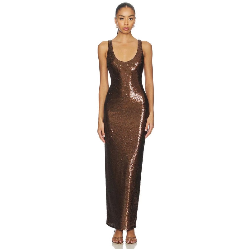 Women's Sequin Spaghetti Strap Long Evening Party Dress with Open Back and High Slit - Image 1